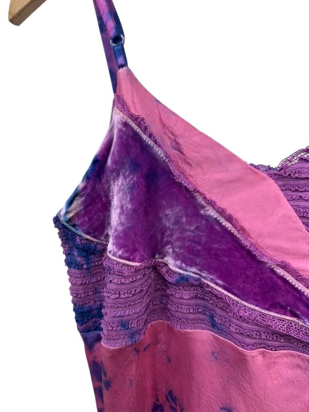Vintage 90s Monah Li Tie-Dye Silk Slip Dress With Lace Velvet Pink & Purple - Picture 15 of 16